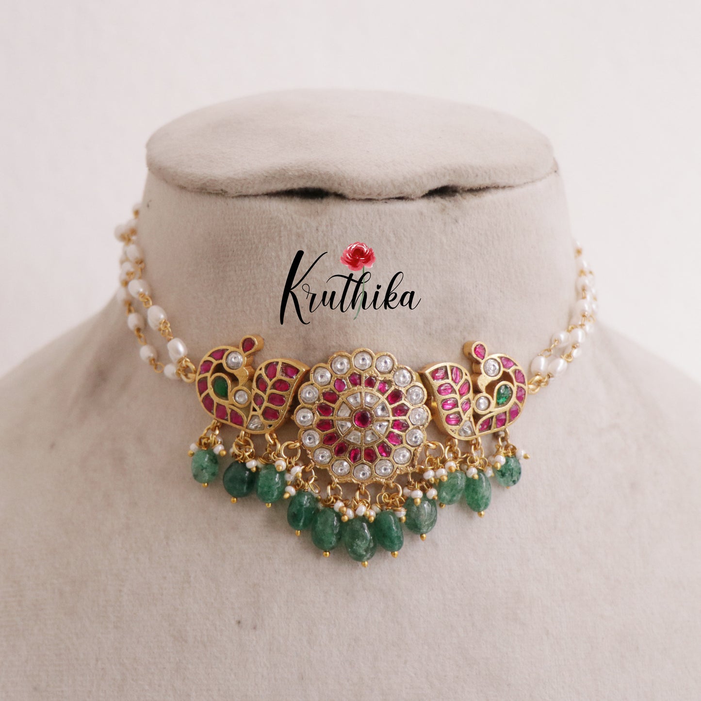 Royal Jadau Kundan Peacock Pearls choker with Green Drops NC2500