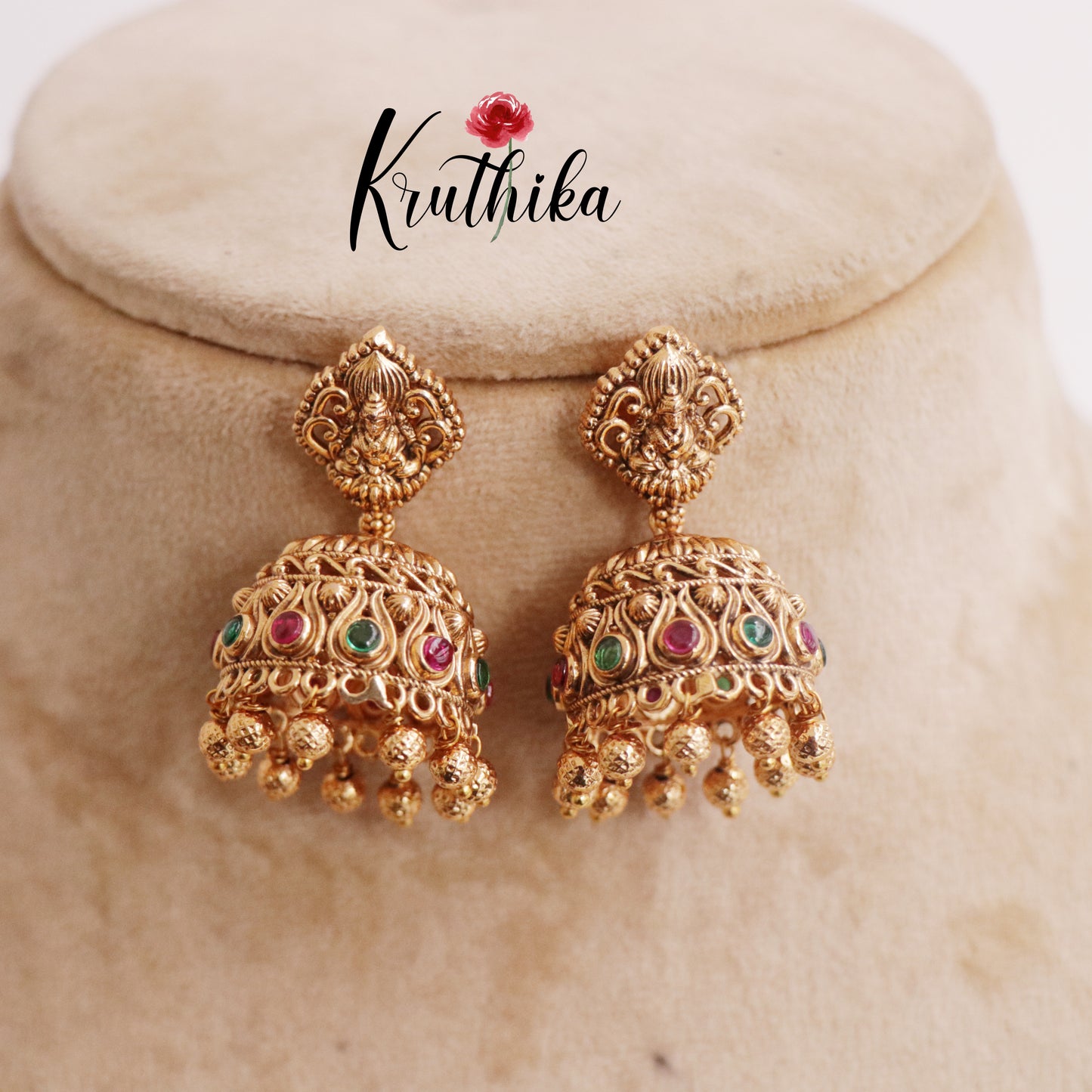Premium Lakshmi Jhumka with Golden Beads Drops E698 (Available in 2 Colors)