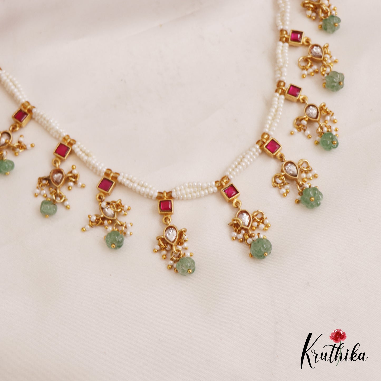Trendy Teardrop Motifs Jadau Pearls Necklace With Green Bead Drops NC2732