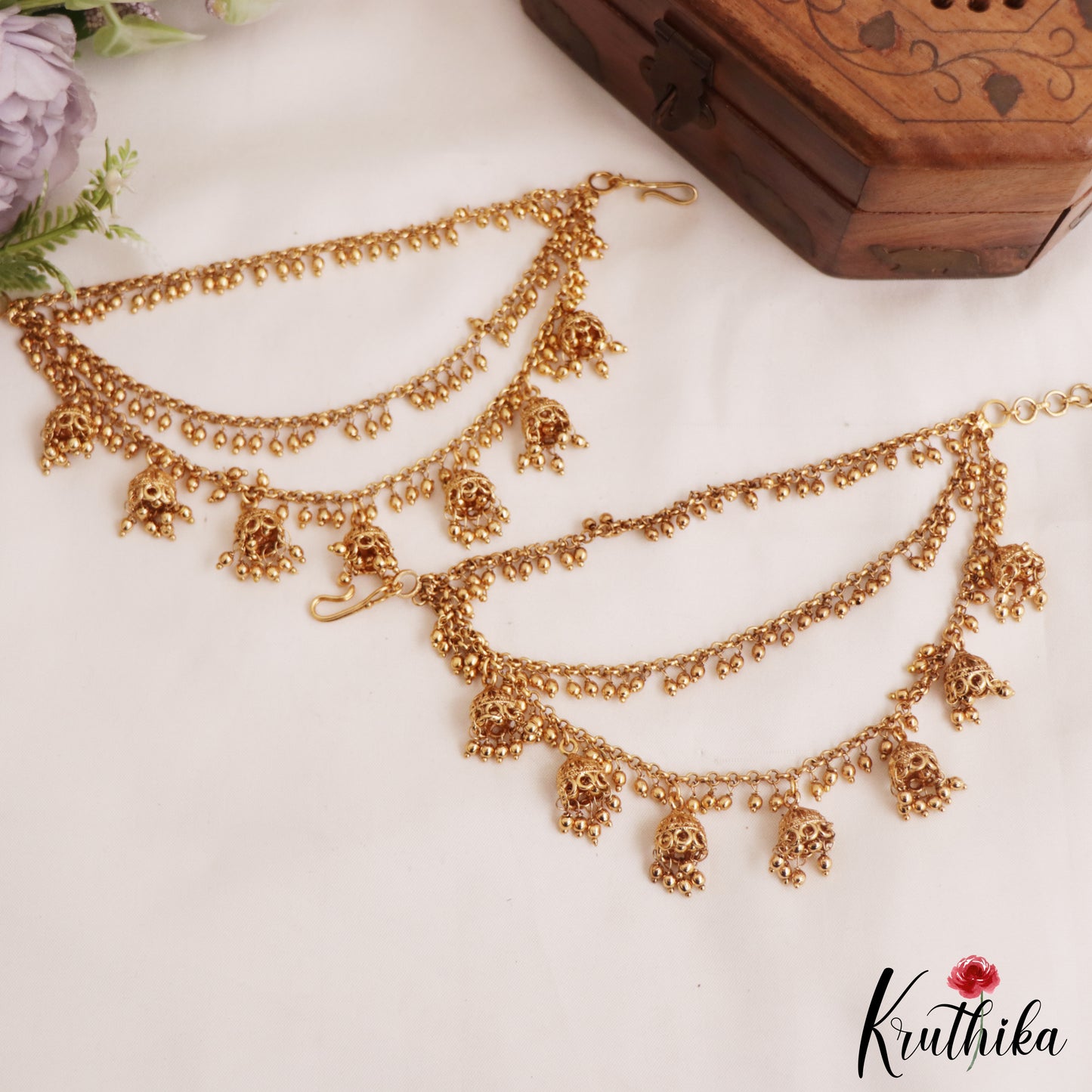 Beautiful Triple Strand Gold Bead Earchains With Jhumka EC220