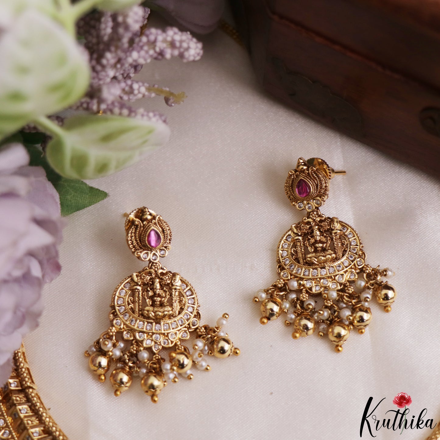 Gorgeous Antique Nagas Lakshmi Motifs Temple Necklace With Pearl Bead Drops NC3227 (Available In 2 Colors)