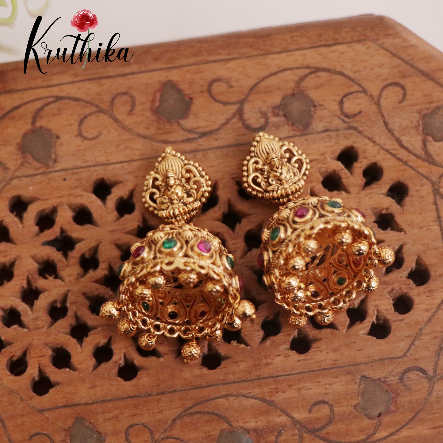 Premium Lakshmi Jhumka with Golden Beads Drops E698 (Available in 2 Colors)