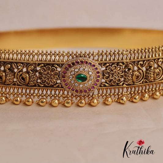 Stunning Floral Peacock Jadau Hip Belt With Bead And Pearl Drops V318