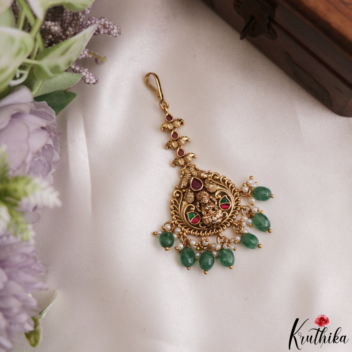 Pretty Antique Lakshmi Peacock Motifs Jadau Maang Tikka With Pearl Bead Drops MT407 (Available In 3 Colors)