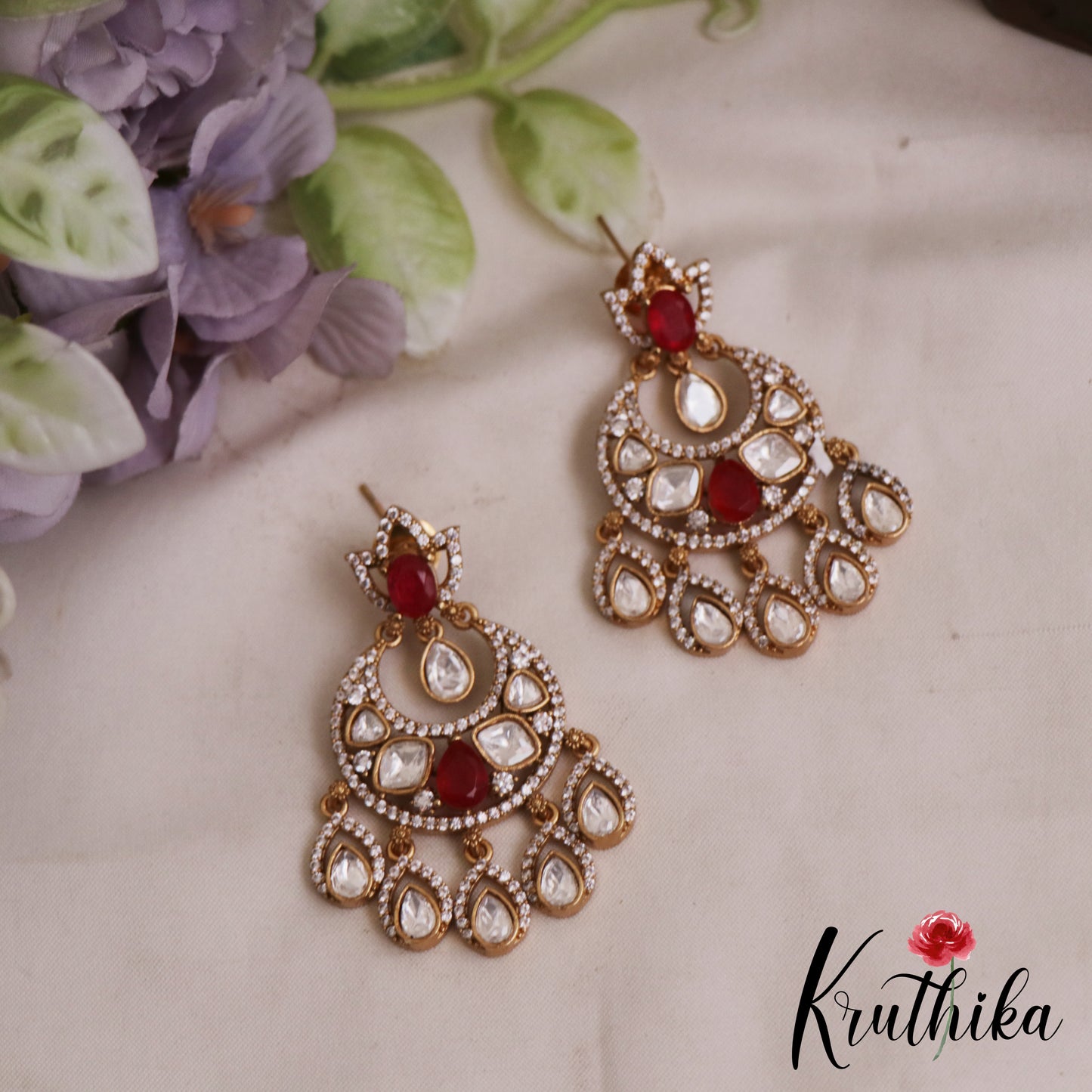 Sparkling Teardrop AD Victorian Chandbali Earrings E1063 (Available In 4 Colors)