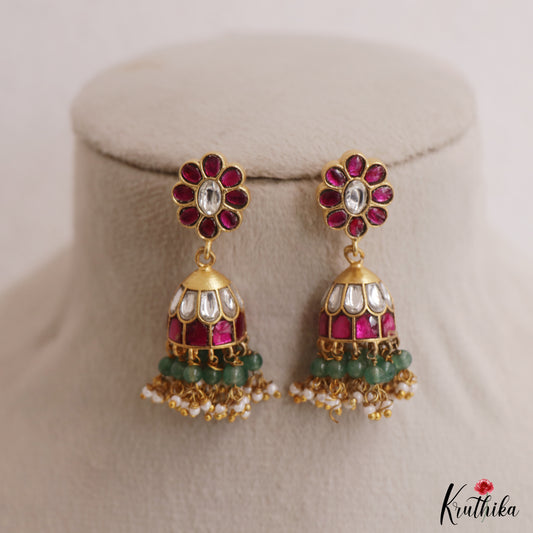 Classic Floral Motifs Jadau Jhumas With Green Bead Drops E1153
