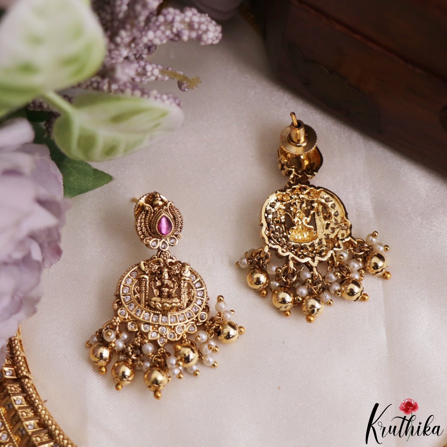 Gorgeous Antique Nagas Lakshmi Motifs Temple Necklace With Pearl Bead Drops NC3227 (Available In 2 Colors)