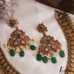 Classic Peacock Leaf Motifs Lakshmi Kasu Kemp Necklace With Green Bead Drops NC3131