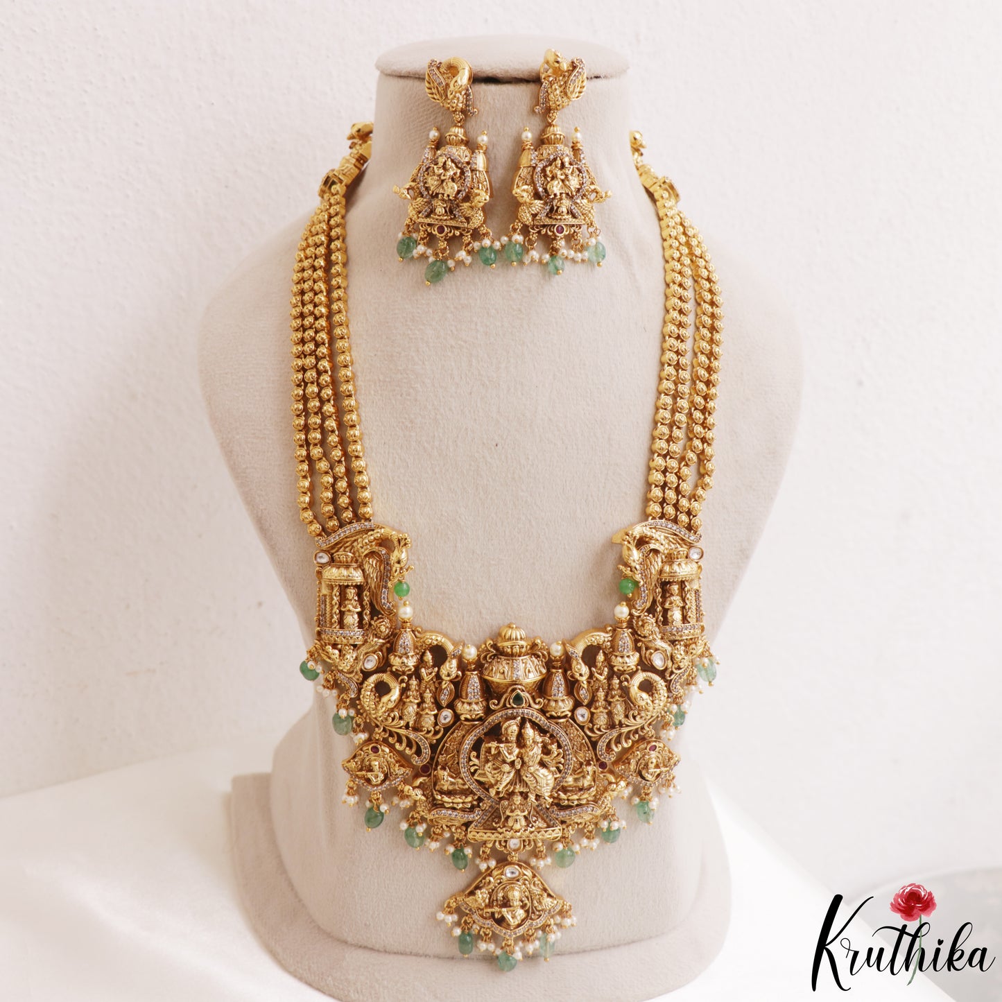 Grand Antique Nagas Radha Krishna Motifs Temple Haaram With Green Bead Drops LH2179