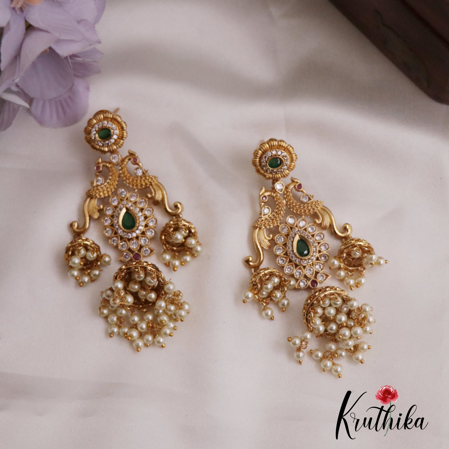 Elegant Antique Peacock Triple Layered Jhumka Earrings E675