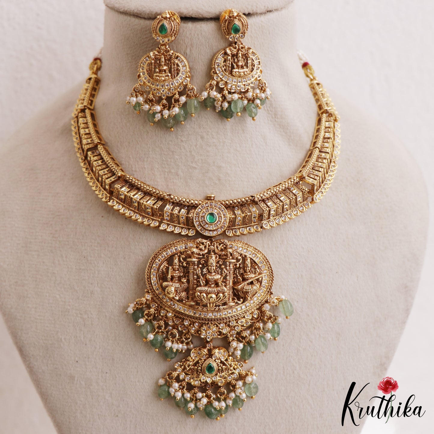 Gorgeous Antique Nagas Lakshmi Motifs Temple Necklace With Pearl Bead Drops NC3227 (Available In 2 Colors)