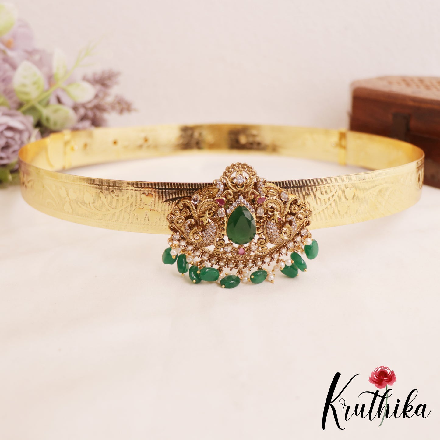 Beautiful Peacock Motifs AD Stones Hip Belt V373 (Available In 4 Colors)