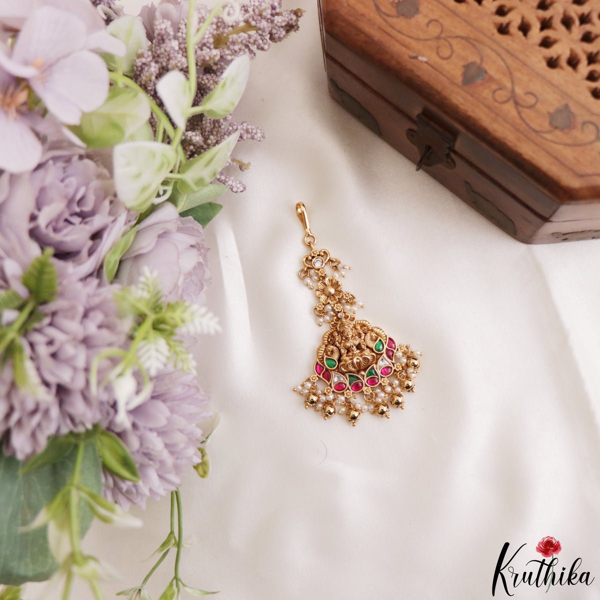 Trendy Antique Lakshmi Peacock Motifs Jadau Maang Tikka With Pearl Bead Drops MT405 (Available In 4 Colors)