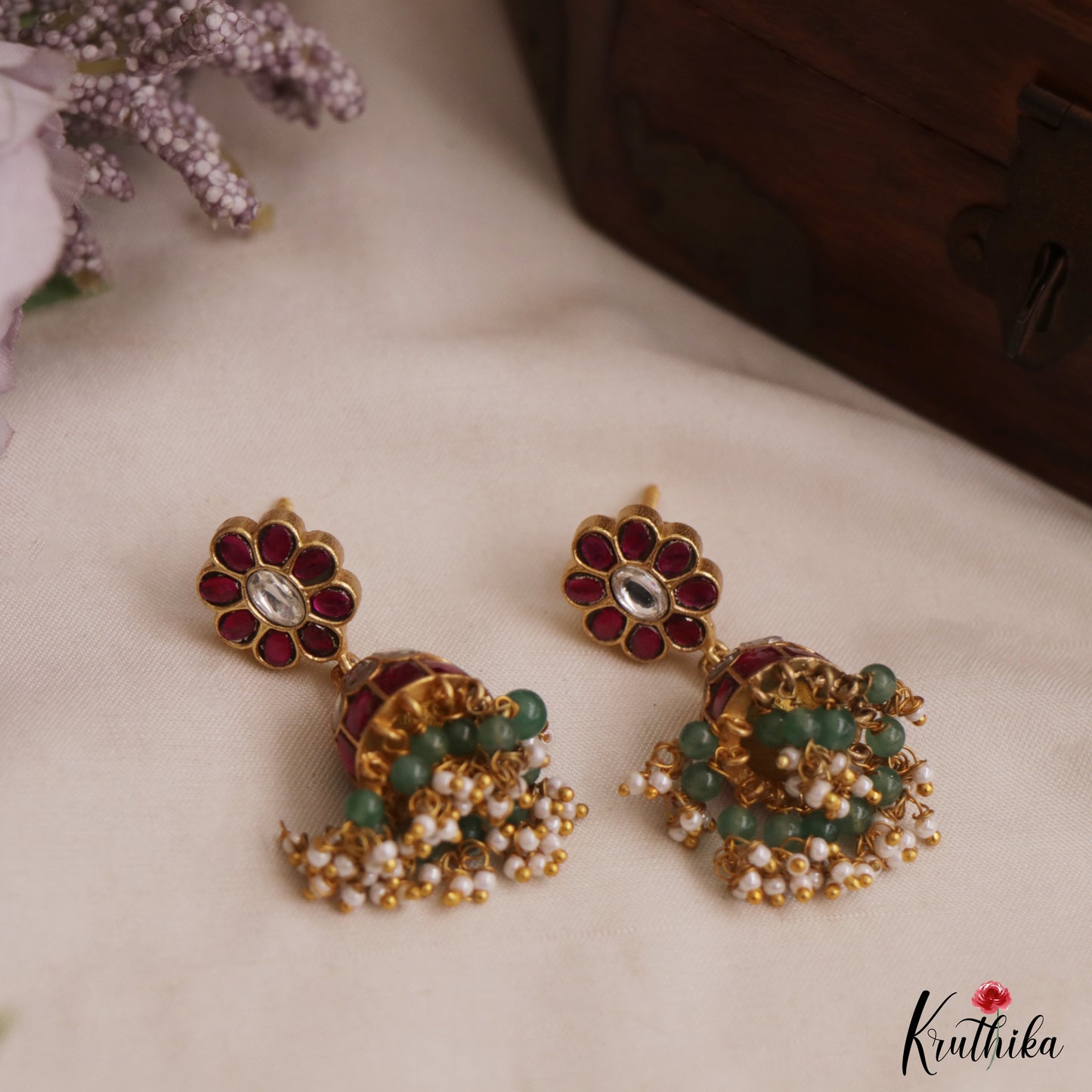 Classic Floral Motifs Jadau Jhumas With Green Bead Drops E1153