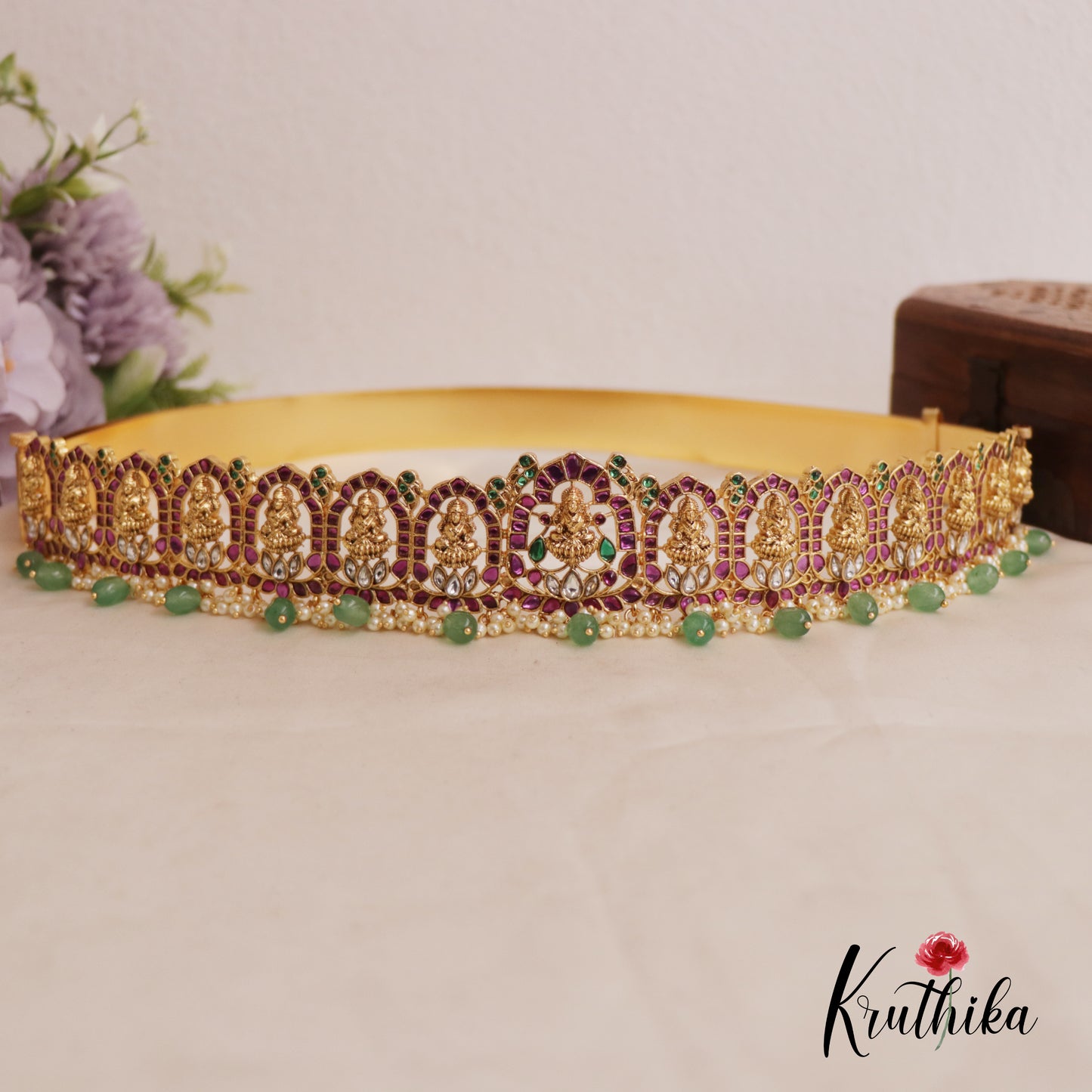 Gorgeous Kemp Lakshmi Lotus Motifs Hip Belt with Bead Drops V315 (Available in 2 Colors)