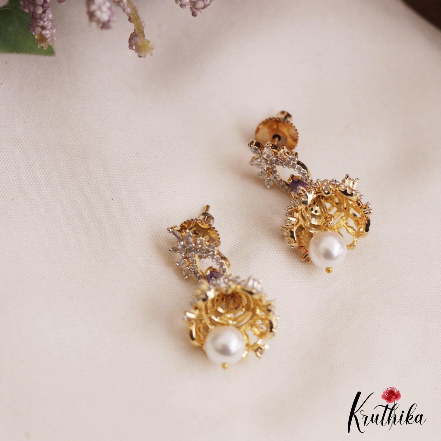 Pretty Floral Motifs CZ Jhumkas With Pearl Drop E1124 (Available In 2 Colors)