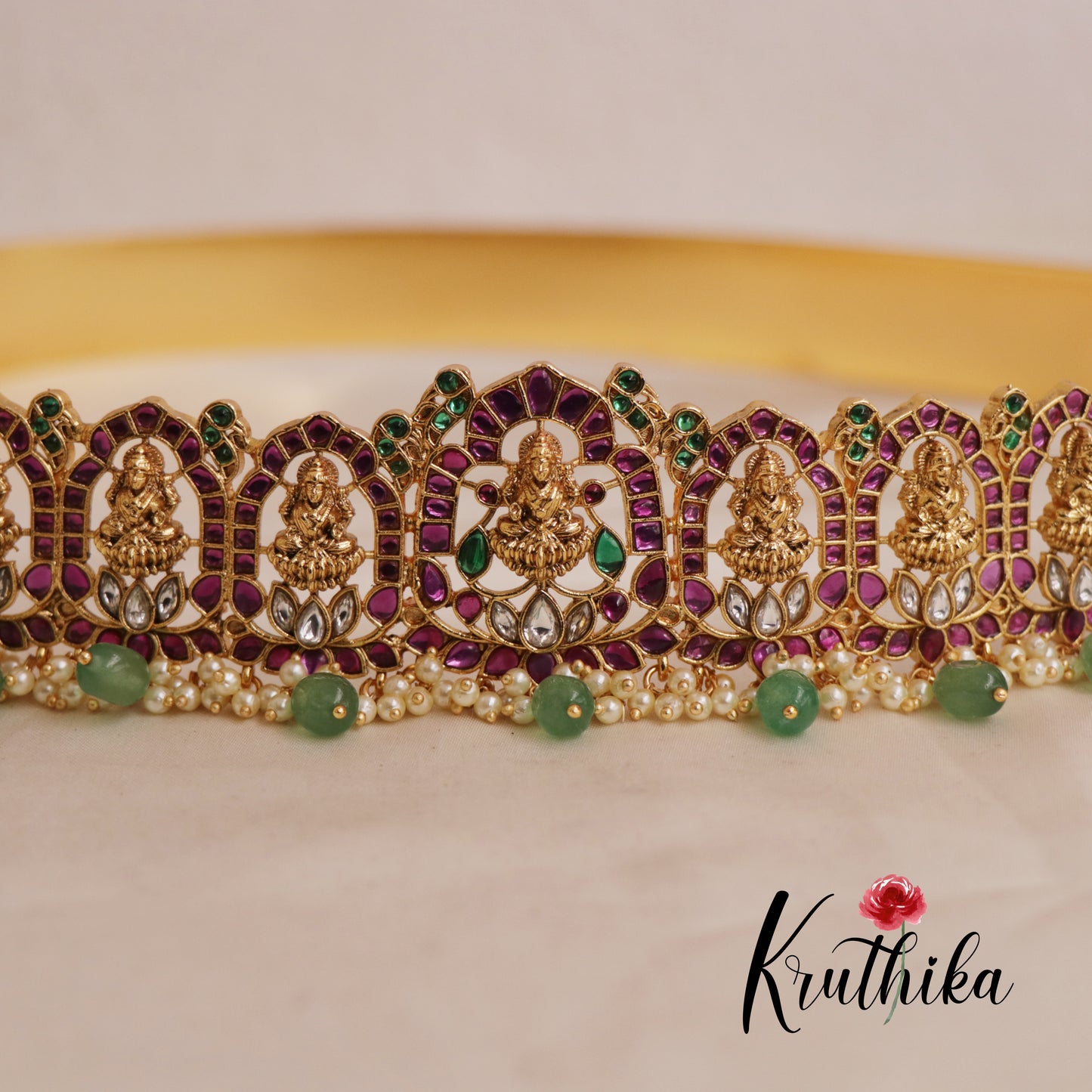 Gorgeous Kemp Lakshmi Lotus Motifs Hip Belt with Bead Drops V315 (Available in 2 Colors)