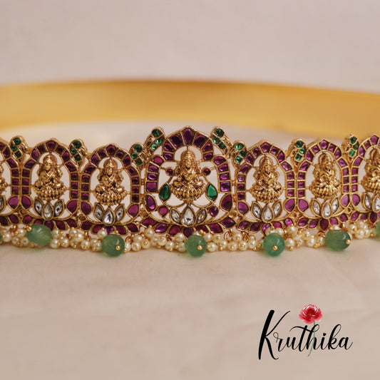 Gorgeous Kemp Lakshmi Lotus Motifs Hip Belt with Bead Drops V315 (Available in 2 Colors)
