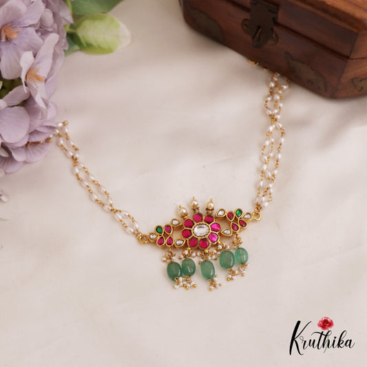 Gorgeous Floral Motifs Jadau Choker With Triple Strand Pearl Chain NC2734 (For Kids)