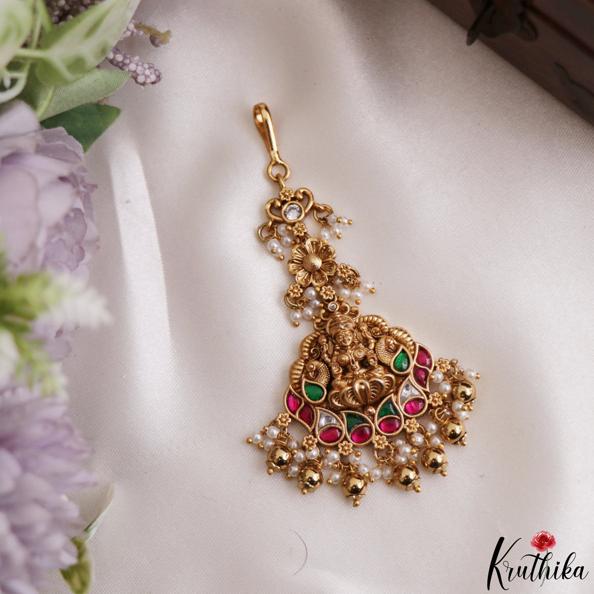 Trendy Antique Lakshmi Peacock Motifs Jadau Maang Tikka With Pearl Bead Drops MT405 (Available In 4 Colors)
