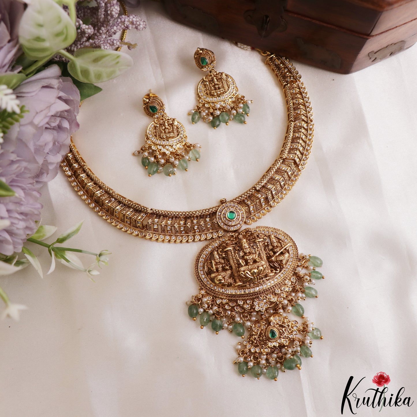 Gorgeous Antique Nagas Lakshmi Motifs Temple Necklace With Pearl Bead Drops NC3227 (Available In 2 Colors)