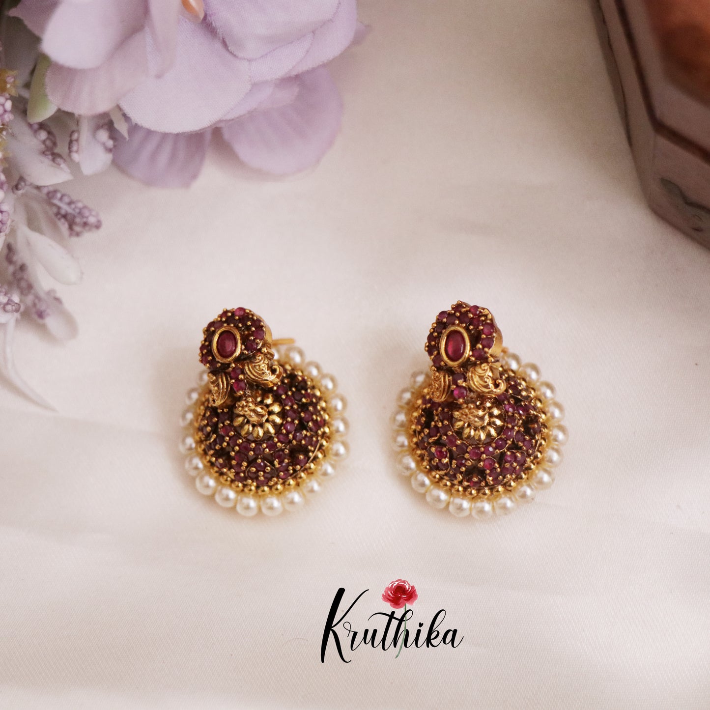 Beautiful Antique Ruby Pearl Dome Jhumkas E696 (Available in 2 Colors)