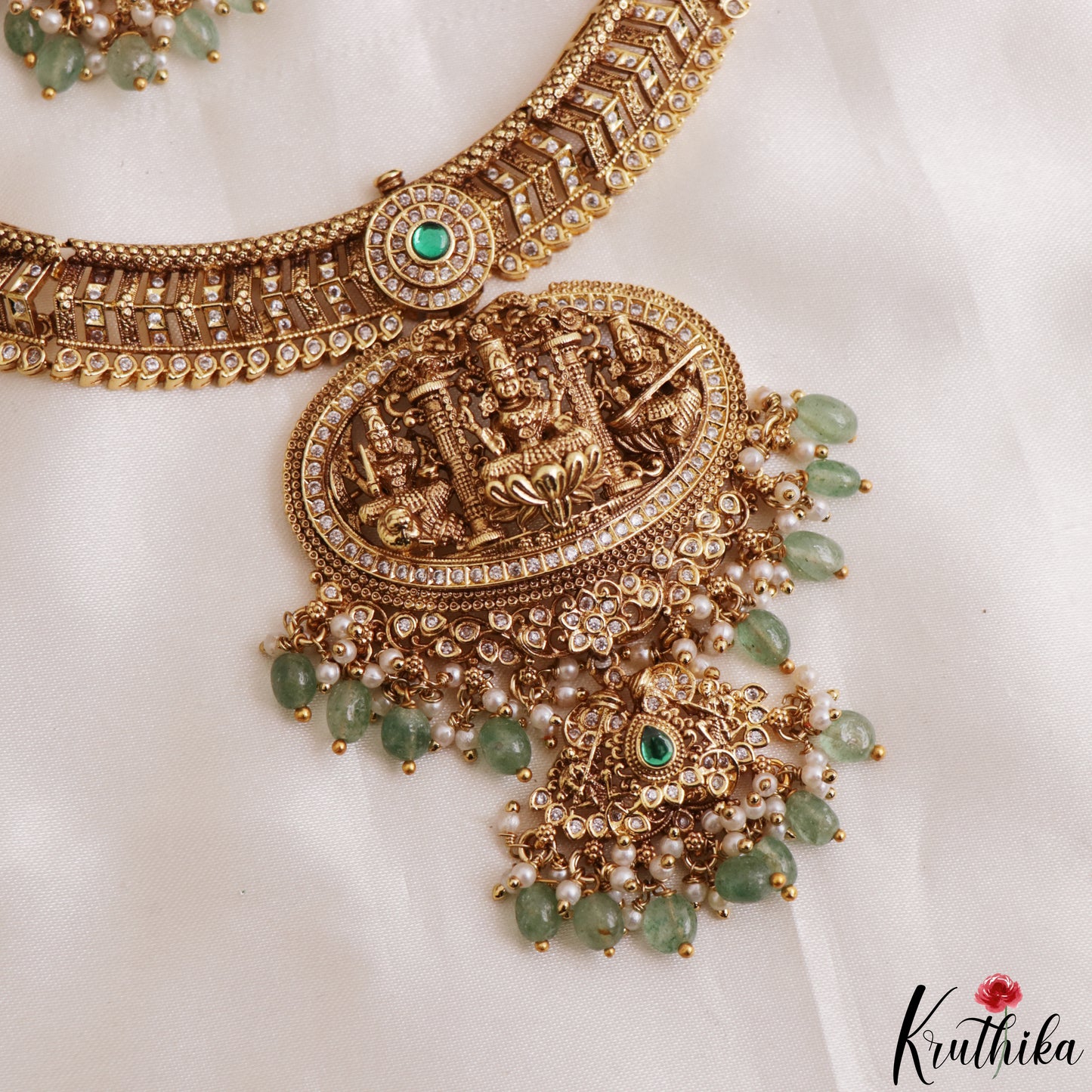 Gorgeous Antique Nagas Lakshmi Motifs Temple Necklace With Pearl Bead Drops NC3227 (Available In 2 Colors)