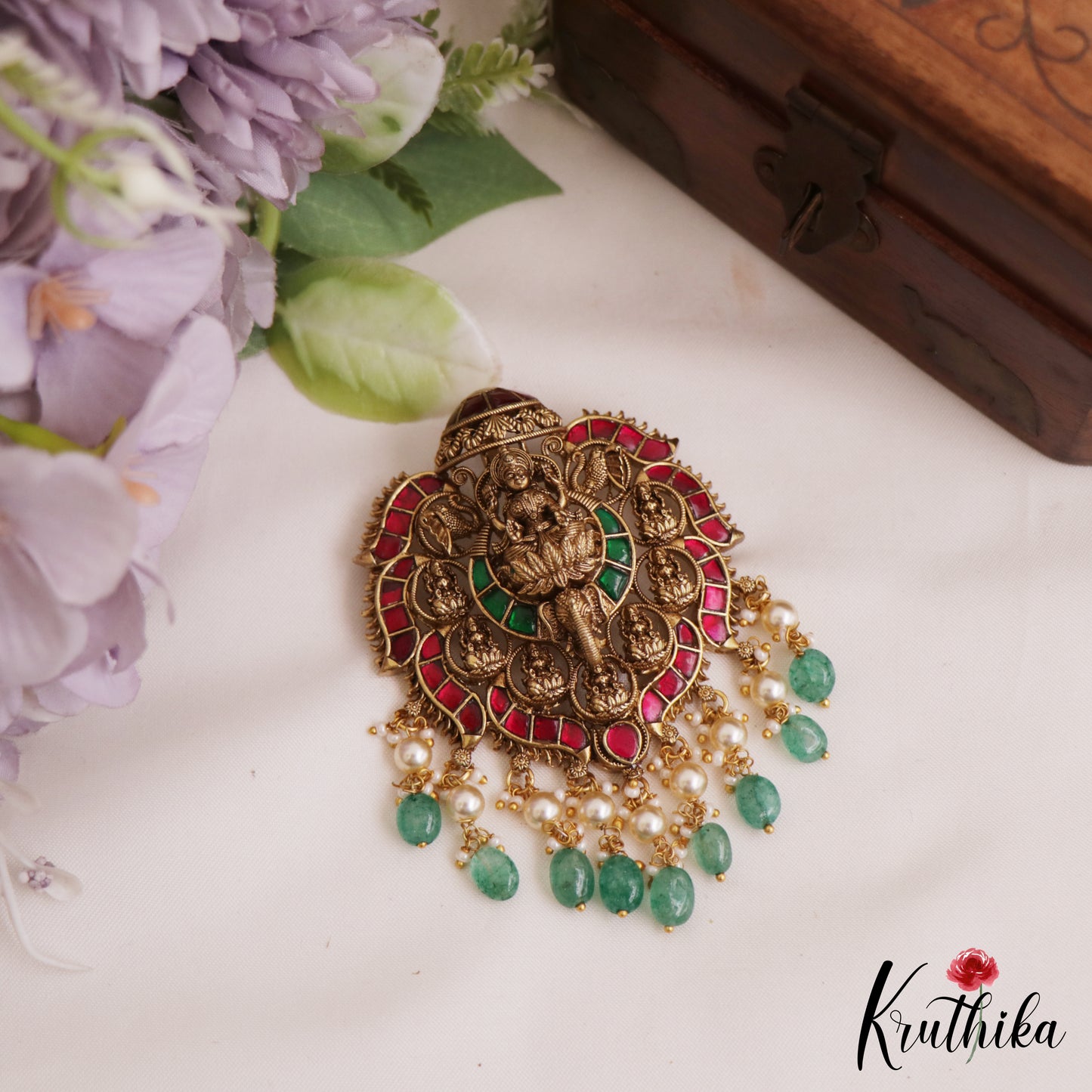 Premium Antique Lakshmi Motifs Jadau Pendant Set With Green Bead Drops PS281 (Available In 3 Colors)