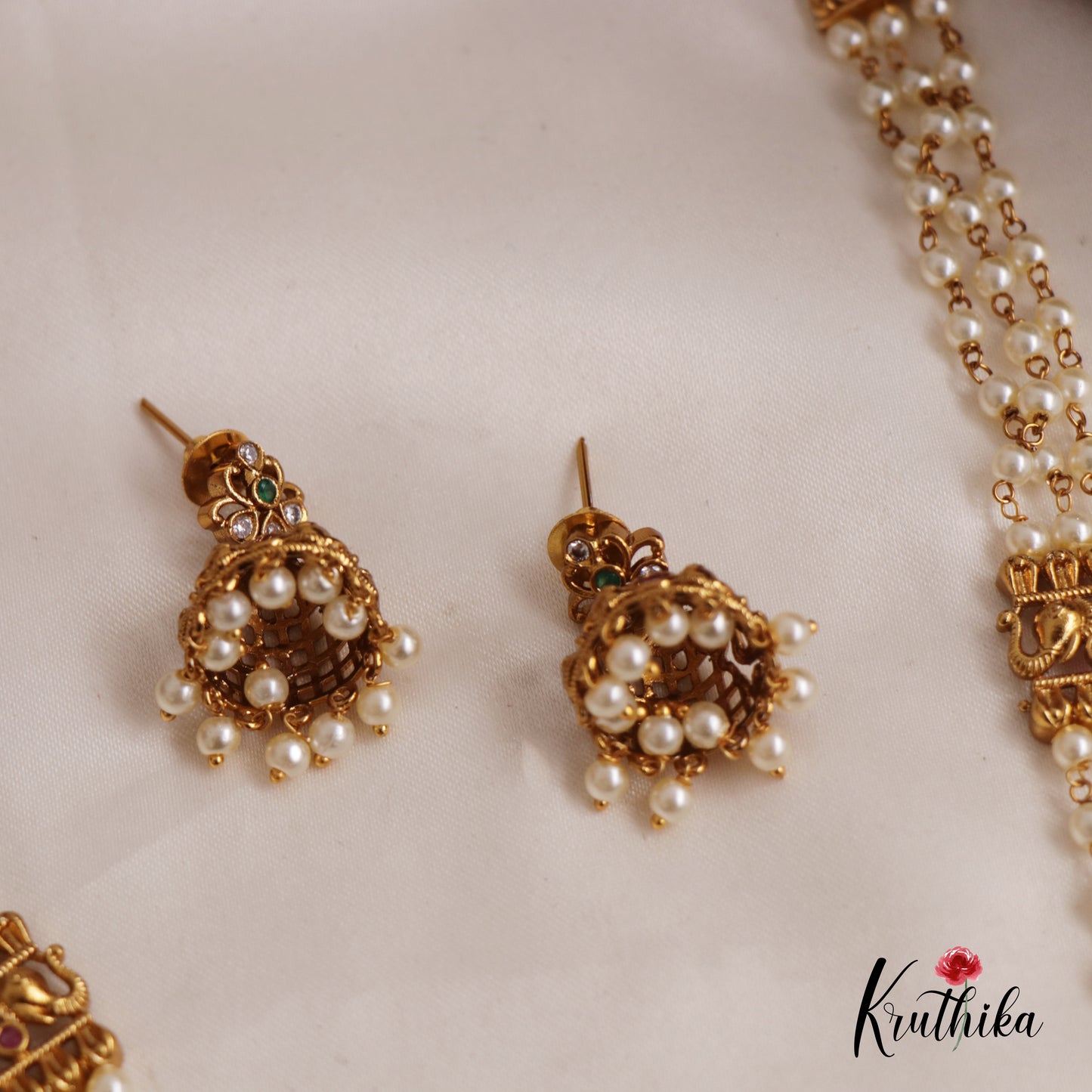 Classic Triple Layered Pearl Strands With Elephant Mango Motifs Pendant Haaram LH2011