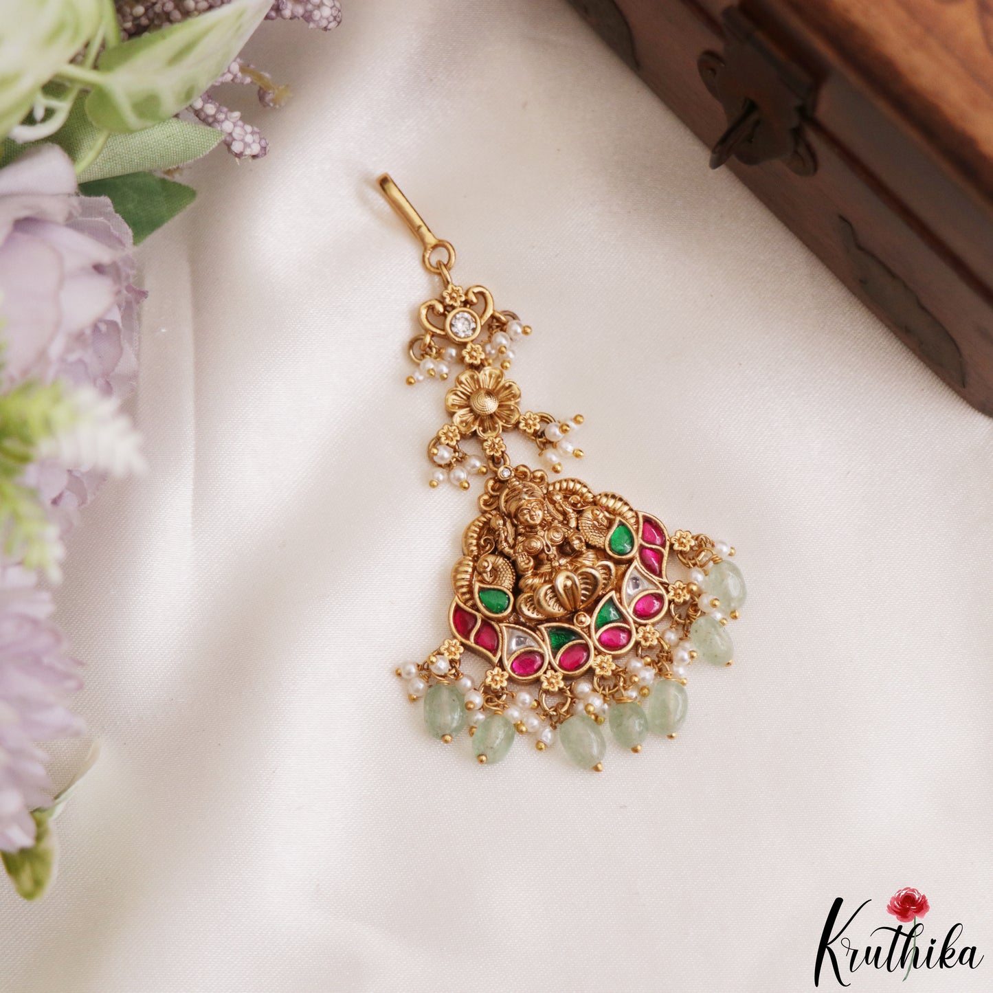 Trendy Antique Lakshmi Peacock Motifs Jadau Maang Tikka With Pearl Bead Drops MT405 (Available In 4 Colors)