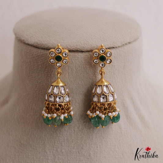 Beautiful Floral Motifs Jadau Jhumkas With Green Bead Drops E1154