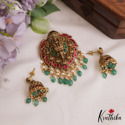 Premium Antique Lakshmi Motifs Jadau Pendant Set With Green Bead Drops PS281 (Available In 3 Colors)