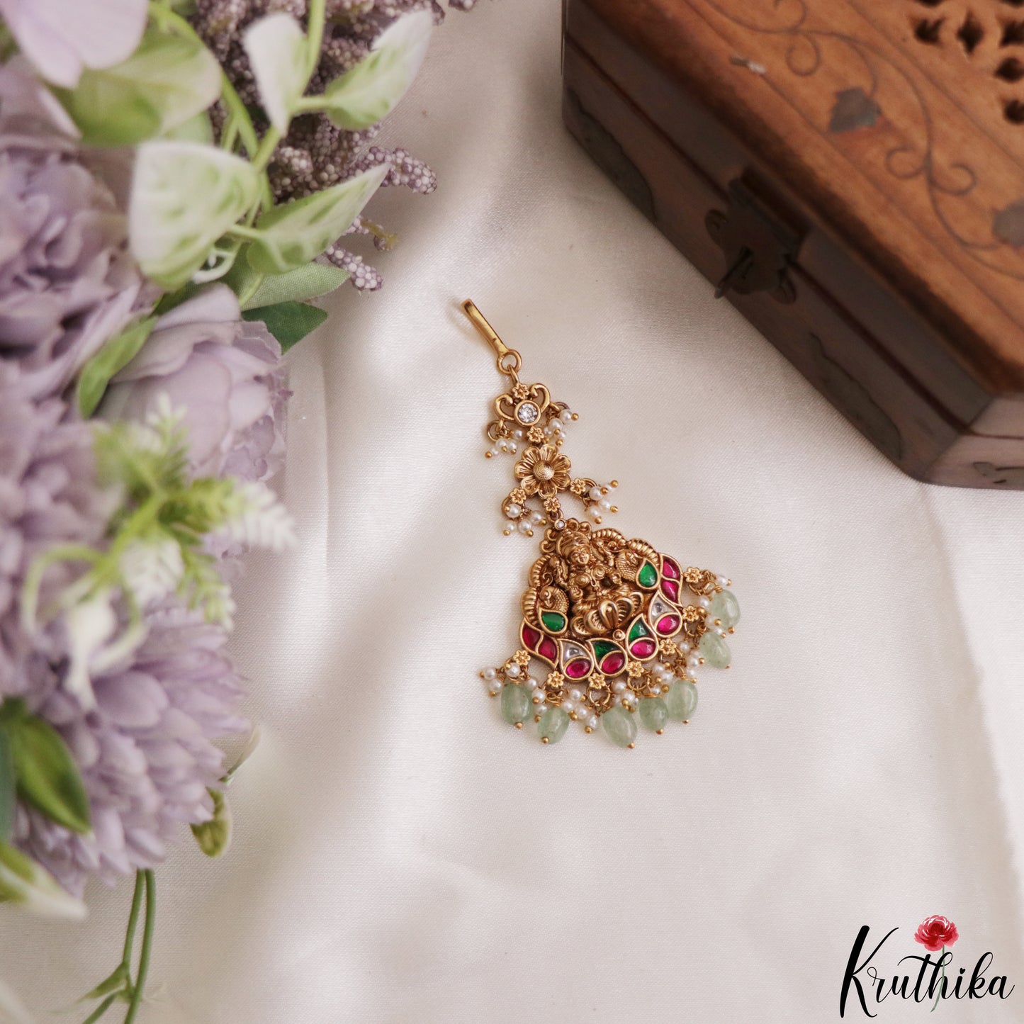 Trendy Antique Lakshmi Peacock Motifs Jadau Maang Tikka With Pearl Bead Drops MT405 (Available In 4 Colors)