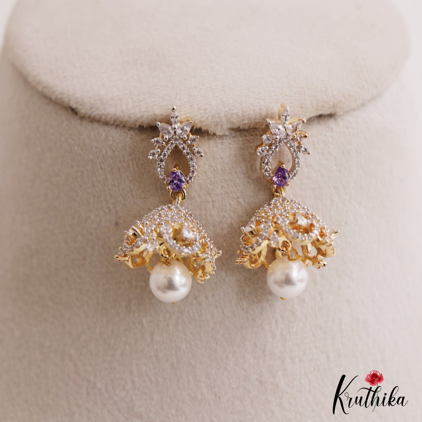 Pretty Floral Motifs CZ Jhumkas With Pearl Drop E1124 (Available In 2 Colors)