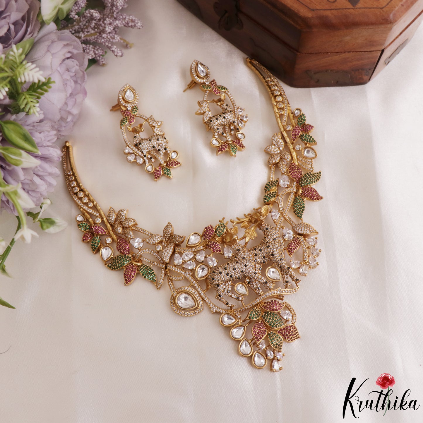 Pretty Deer Motifs Polki CZ Victorian Necklace NC3150