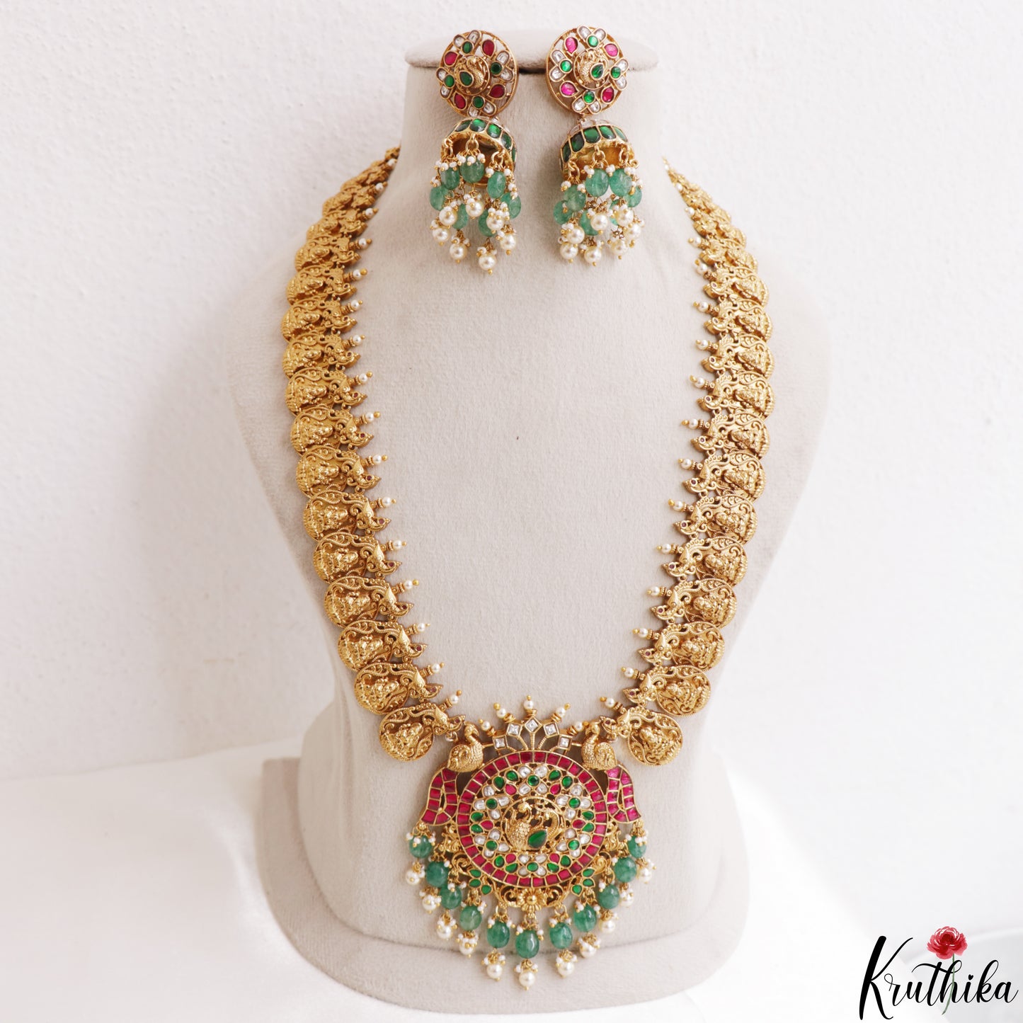 Premium Antique Peacock Motifs Lakshmi Kasu Jadau Haaram With Green Bead Drops LH2197