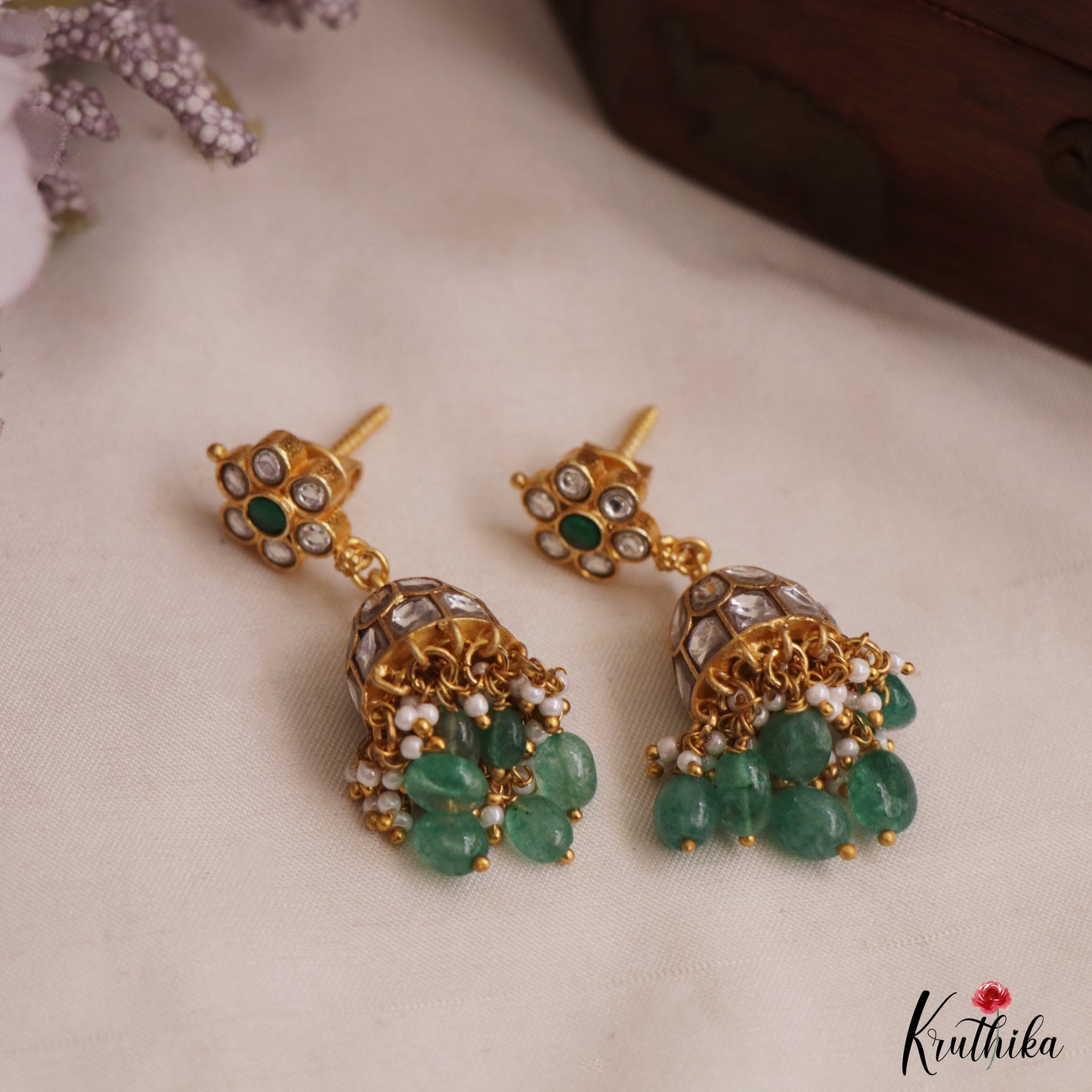 Beautiful Floral Motifs Jadau Jhumkas With Green Bead Drops E1154