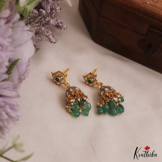Beautiful Floral Motifs Jadau Jhumkas With Green Bead Drops E1154