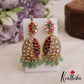 Beautiful AD Floral Leaf Motifs Jadau Earrings With Green Bead Drops E1064