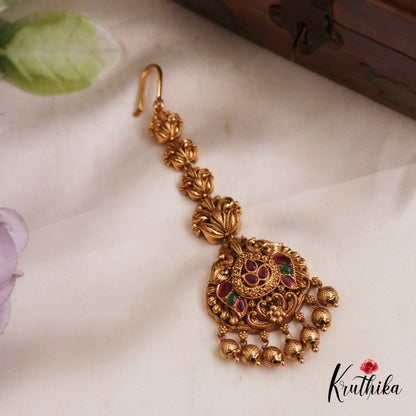 Beautiful Antique Peacock Motifs Kemp Maang Tikka With Golden Bead Drops MT363 (Available In 2 Colors)