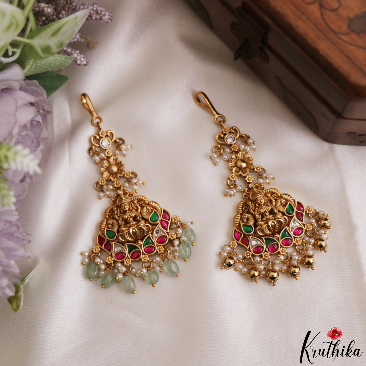 Trendy Antique Lakshmi Peacock Motifs Jadau Maang Tikka With Pearl Bead Drops MT405 (Available In 4 Colors)