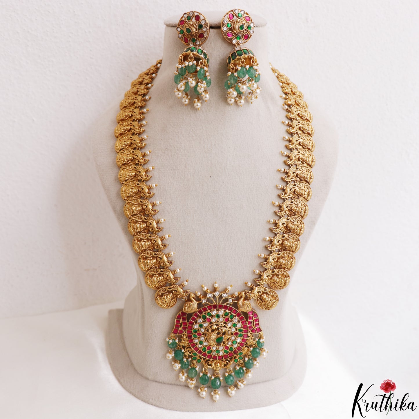 Premium Antique Peacock Motifs Lakshmi Kasu Jadau Haaram With Green Bead Drops LH2197