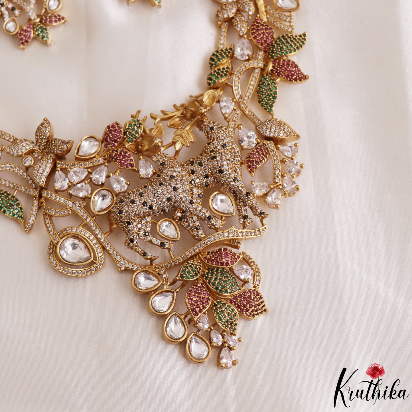 Pretty Deer Motifs Polki CZ Victorian Necklace NC3150