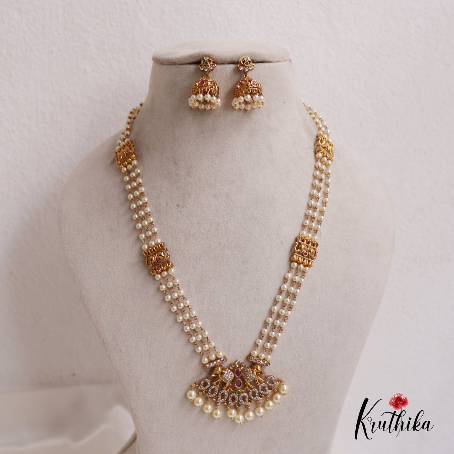 Classic Triple Layered Pearl Strands With Elephant Mango Motifs Pendant Haaram LH2011