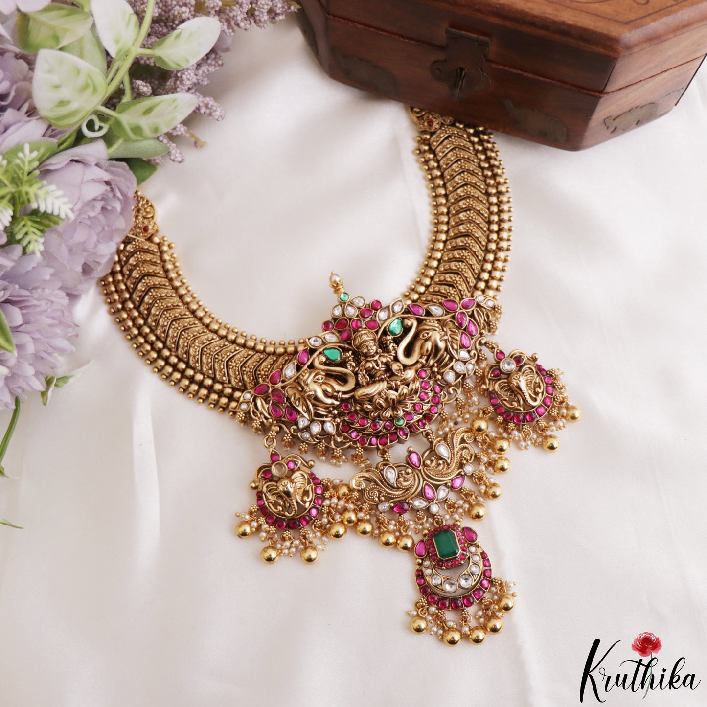 Grand 24K Gold-Inspired Antique Nagas Lakshmi Elephant Motifs Jadau Necklace NC3260 (Detachable Pendants)