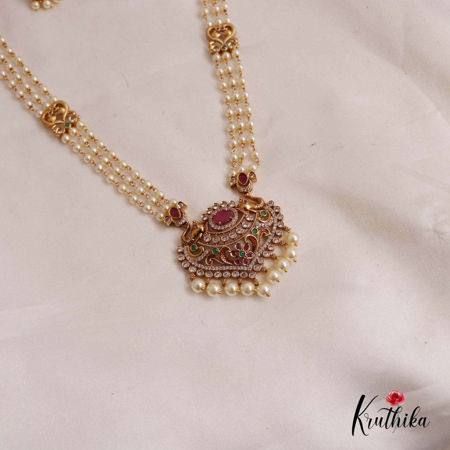 Attractive Triple Layered Pearl Strands With Elephant Motifs Pendant Haaram LH2015