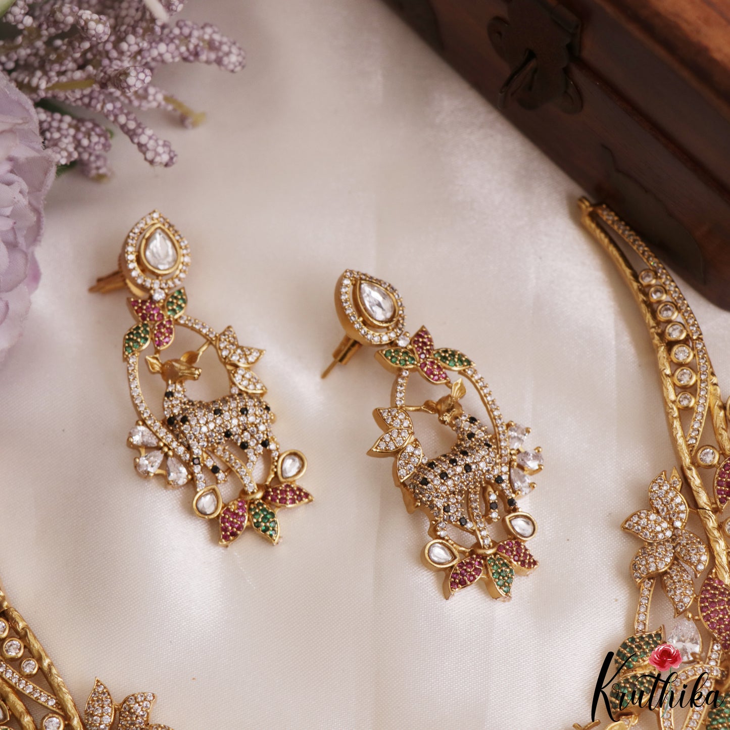 Pretty Deer Motifs Polki CZ Victorian Necklace NC3150