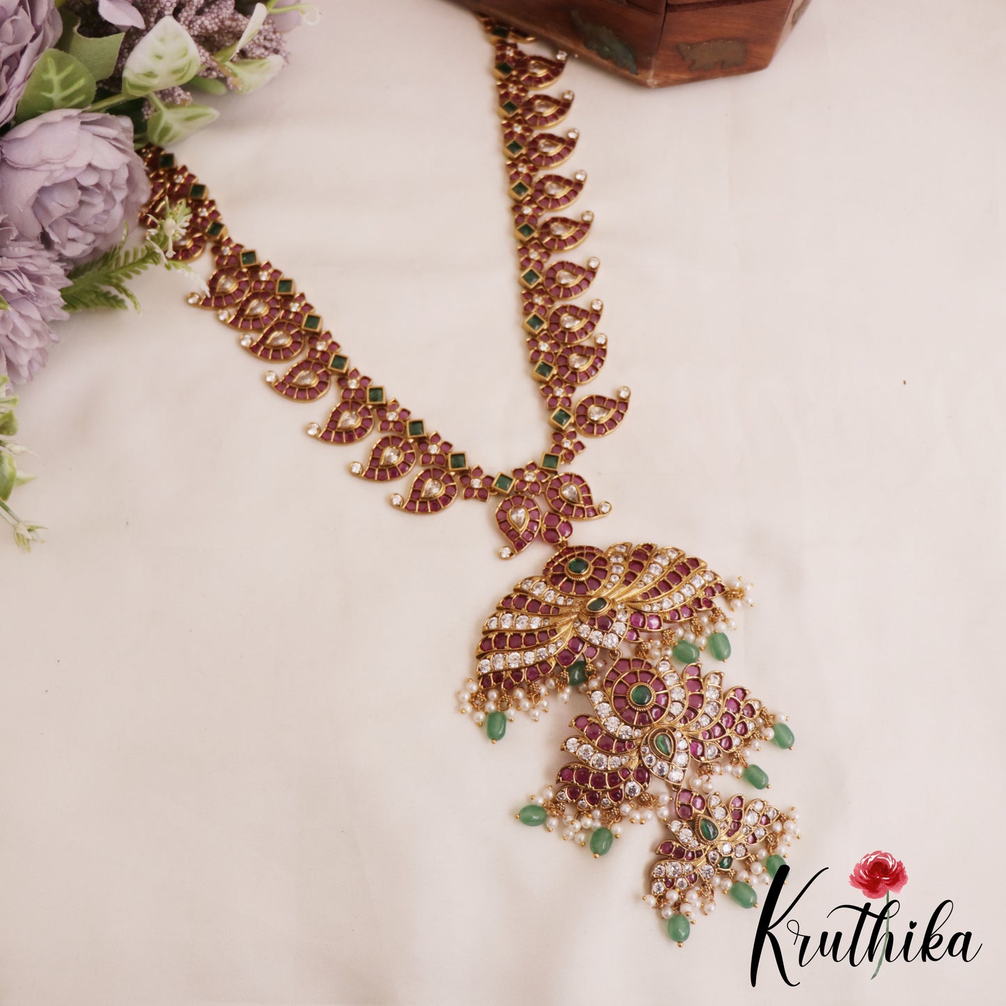 Stunning Mango Motifs Kemp Necklace With Green Bead Drops NC2829