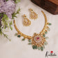 Elegant Floral Peacock Motifs Hasli Choker With Green Bead Drops NC2925