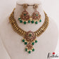 Classic Peacock Leaf Motifs Lakshmi Kasu Kemp Necklace With Green Bead Drops NC3131